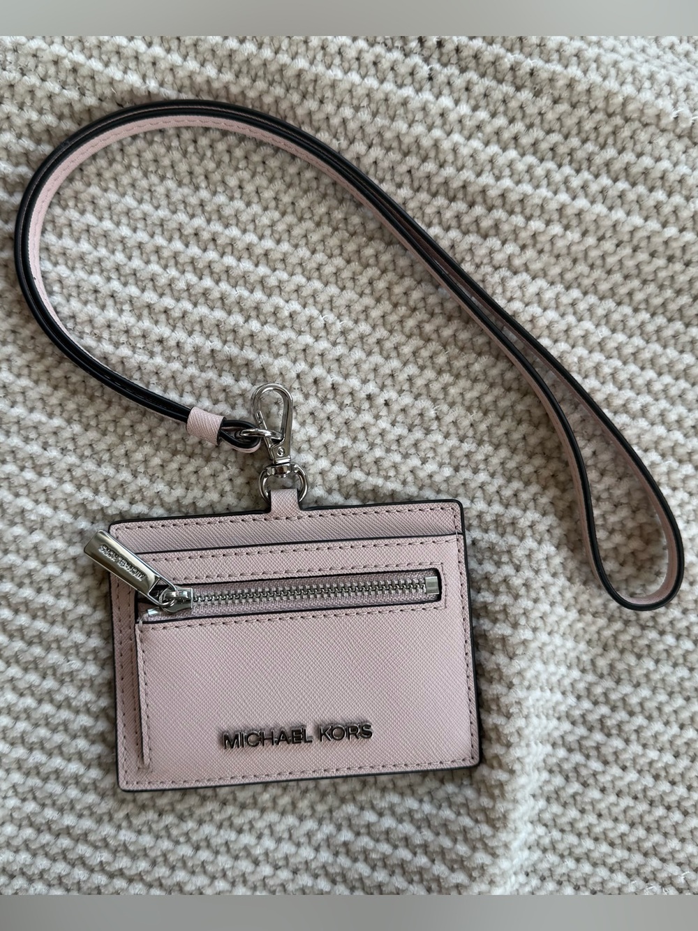 Michael Kors Jet Set Saffiano Leather Card Case Lanyard Wallet Powder Blush Pink